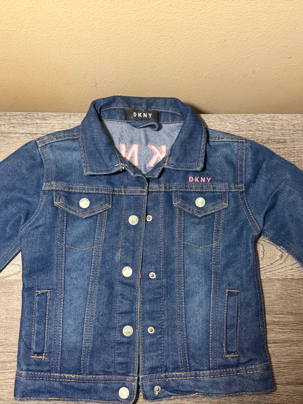 DKNY Girls Blue Denim Jean Jacket with Pink Logo